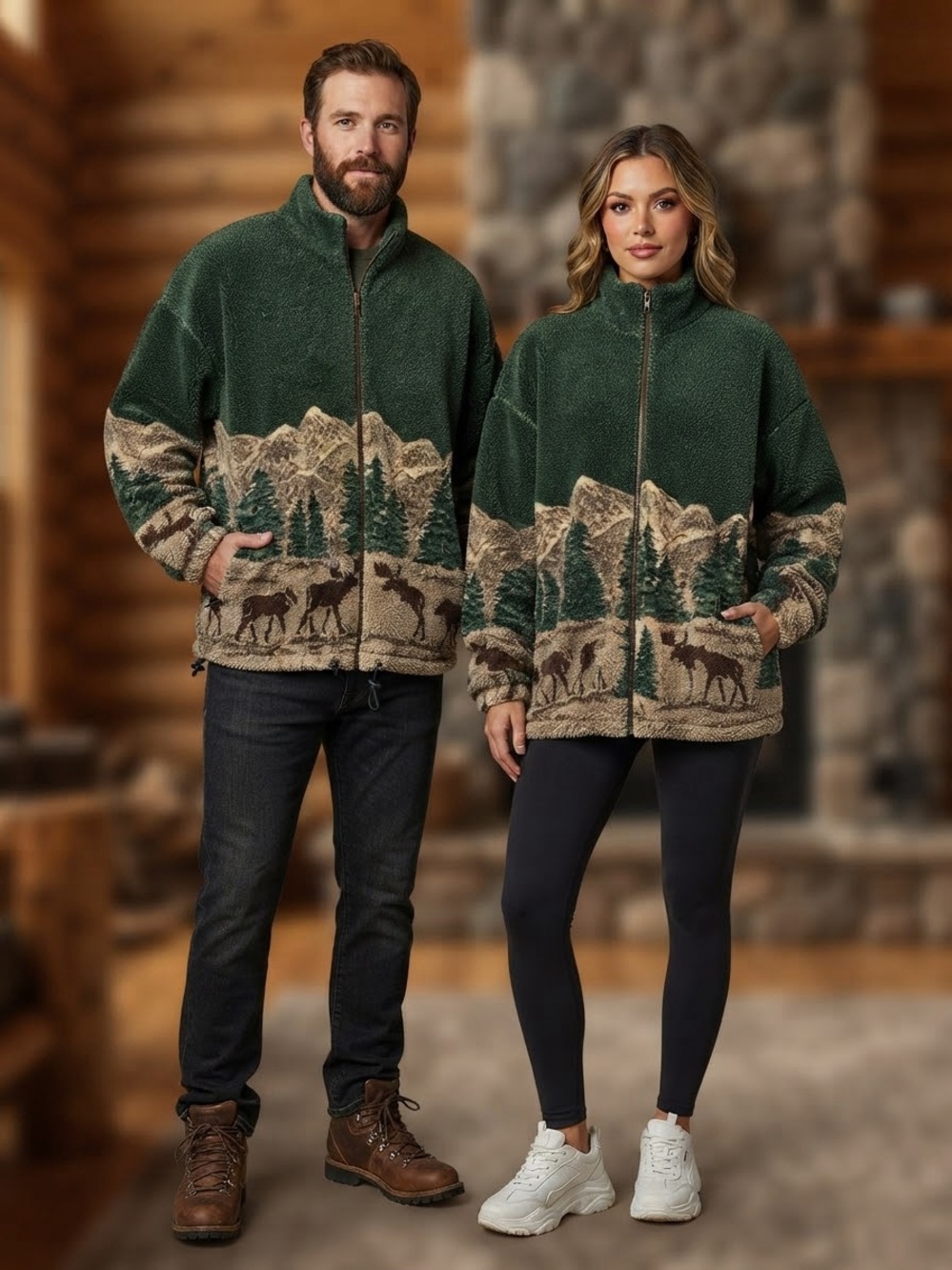 Vintage Ezze Wear Canada Forest Wildlife Moose Fleece Full Zip Jacket L/G
